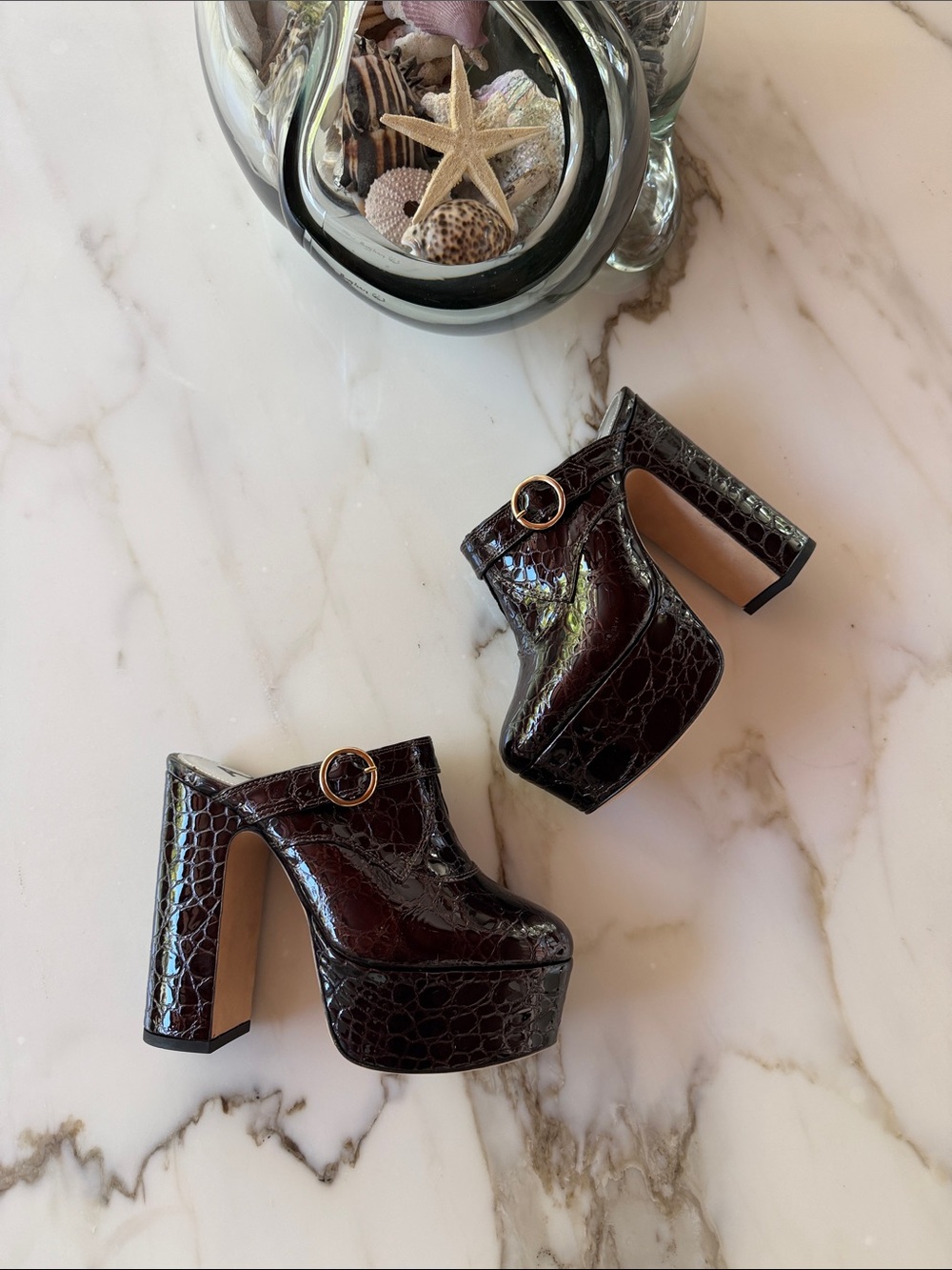High-Platform Croc-Embossed Mule in Dark Brown